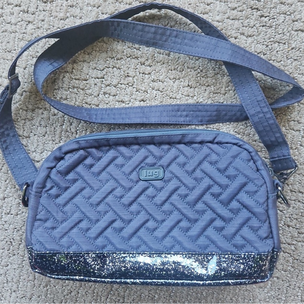 lug Quilted Crossbody Bag in gray with Glitter Trim
